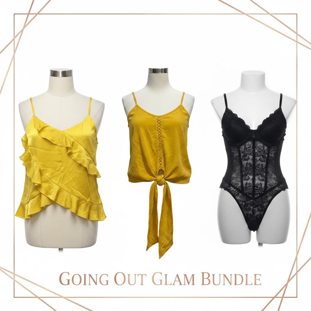 Going Out Glam Bundle Yellow Ruffled Cami Mustard Cami Black Lace Bodysuit
